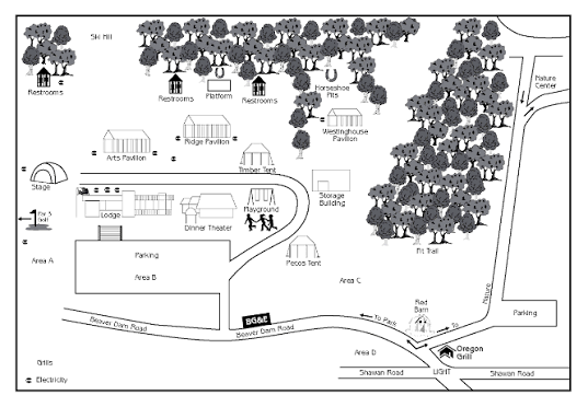 Map of the Oregon Ridge grounds showing the lodge, pavilions, and parking areas